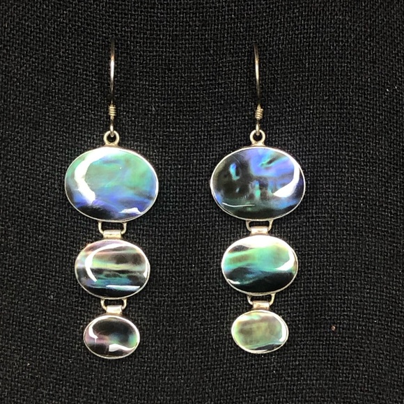STERLING SILVER Abalone Cabochon Triple Drop Dangle French Wire Earrings - Picture 14 of 15